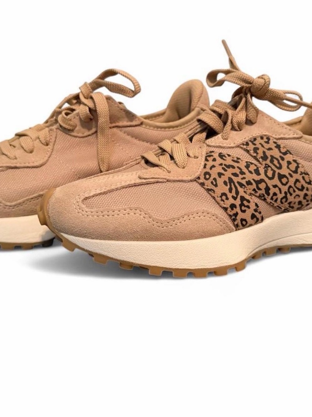 Women’s New Balance Casual Lace-Up Sneakers in Tan with Leopard Accent